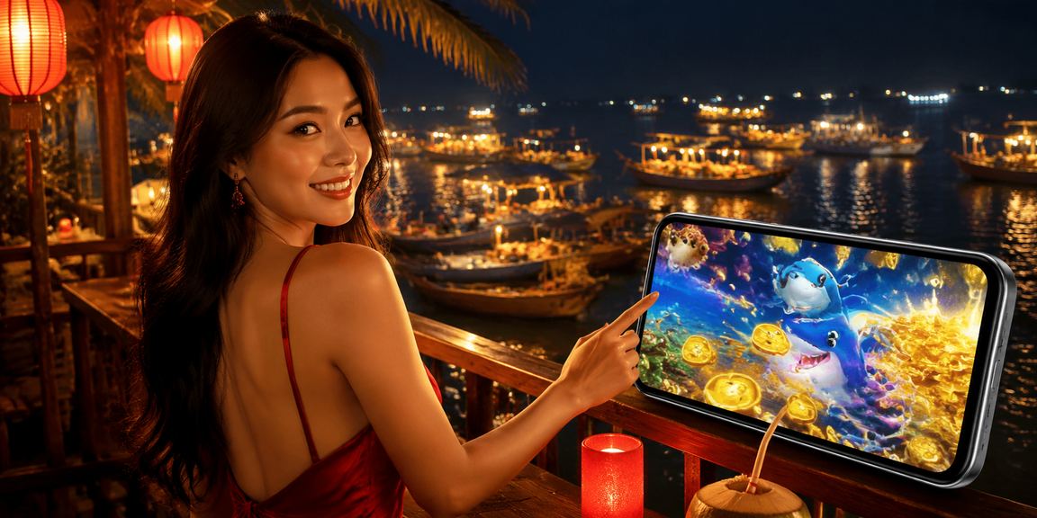 Người dùng chơi casino trực tuyến trên điện thoại di động tại bãi biển Phan Thiết buổi tối